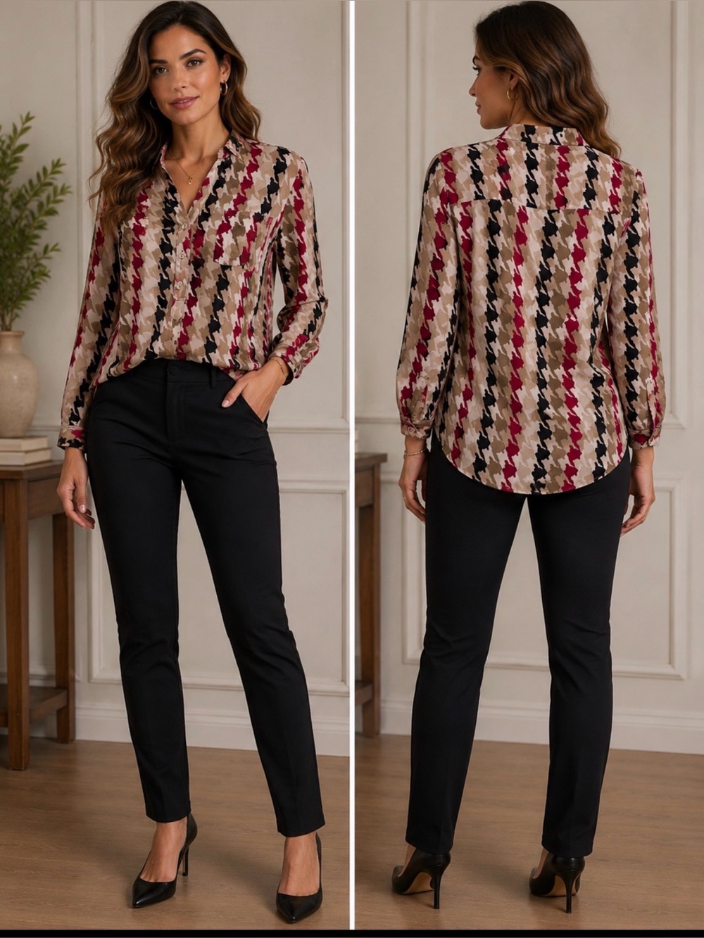 Style & Co. Houndstooth Blouse in Red, Black, and Tan